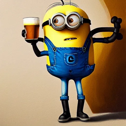 Image similar to an epic painting minion drinking beer from big mug and he really drunk, pencil drawing, perfect composition, golden ratio, beautiful detailed, photorealistic, digital painting, concept art, smooth, sharp focus, illustration, artstation trending, octane render, unreal engine