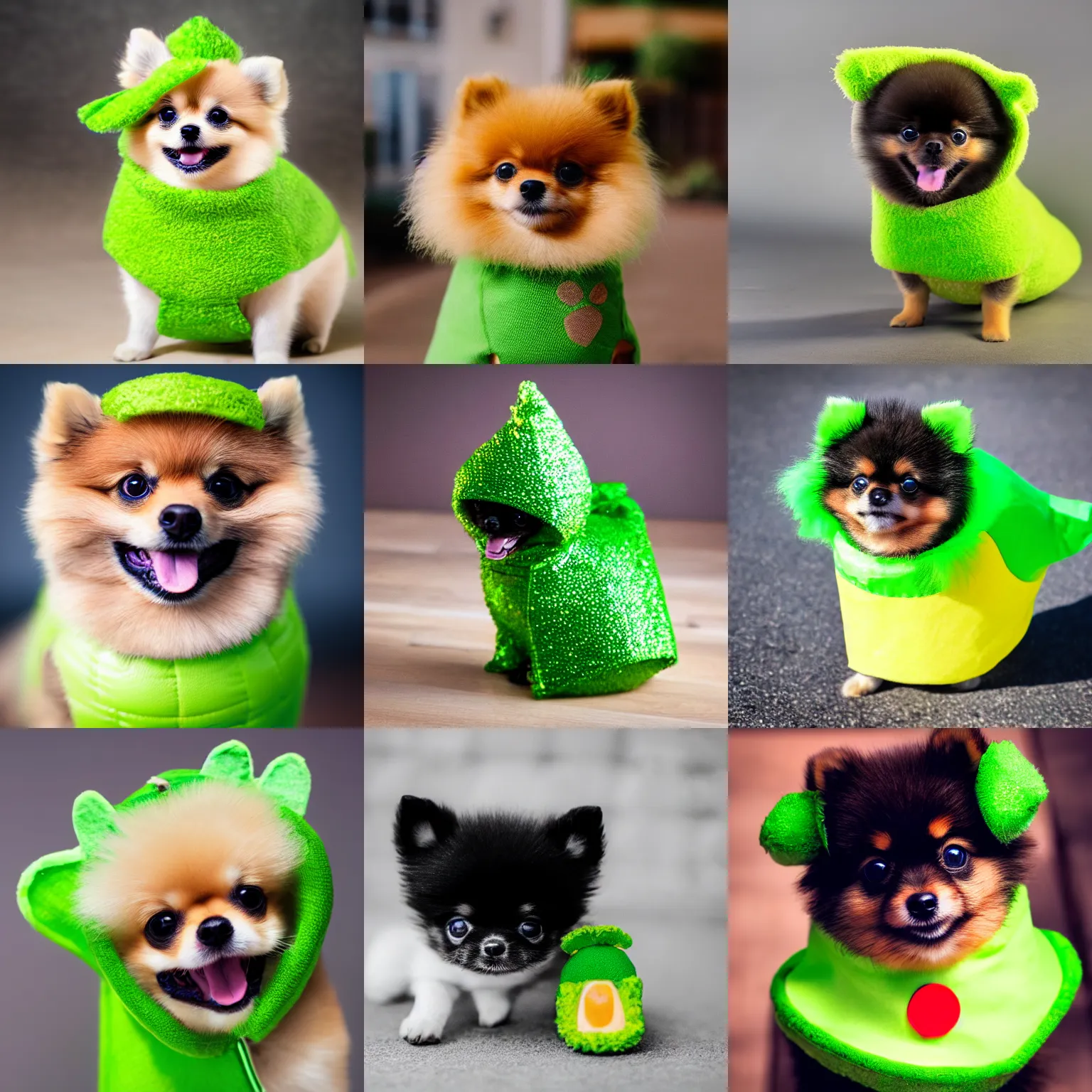 Prompt: macro photo of the cutest pomeranian puppy wearing a pickle costume