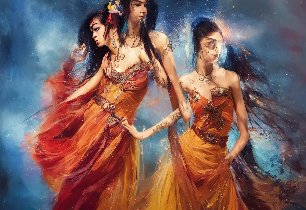 Image similar to full body portrait of a duo of 1 9 years old girl figures, oriental tattoos, jeweled ornament over forehead, jewelry, subject wearing a high fashion mystical gown, flowing, beautiful, dramatic, cinematic lighting, ultramarine, indian yellow, fire red, few vivid turquoise highlights, by greg rutkowski and jeremy mann, artstation, pixiv, oil on canvas