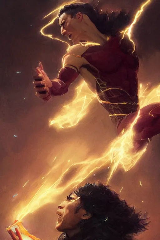 Prompt: ezra miller as flash eating popcorn, ethereal fantasy art by greg rutkowski