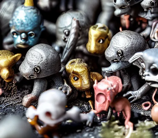 Prompt: miniature figurines of heironymus bosch monsters, close up, detail, tilt shift, product photography