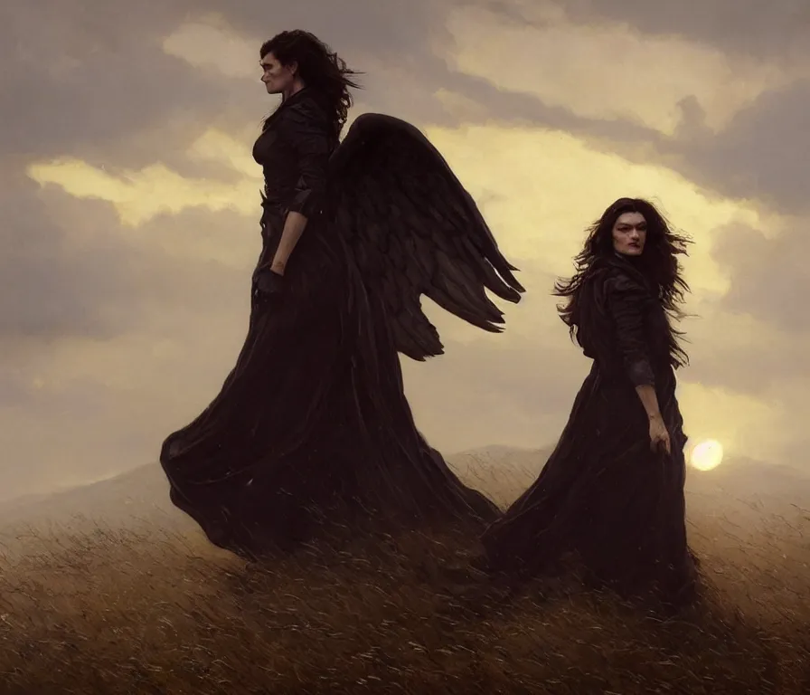 Prompt: portrait of rachel weisz as a dark angel. watches the sunset. confident pose. lush landscape. concept art by greg rutkowski, john j. park, jason chan, noah bradley, feng zhu, gintas galvanauskas, gustave courbet, rosa bonheur, edward hopper. sharp focus, cinematic atmosphere, detailed and intricate, perfect anatomy