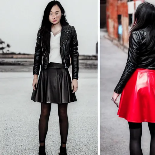 Prompt: A girl in a leather jacket and a red skirt posing for the camera, Instagram photo, are bure boke, aesthetic