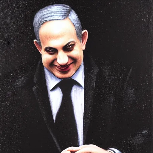 Image similar to Gothic portrait of Benjamin Netanyahu grinning in a dark office, black make up, detailed