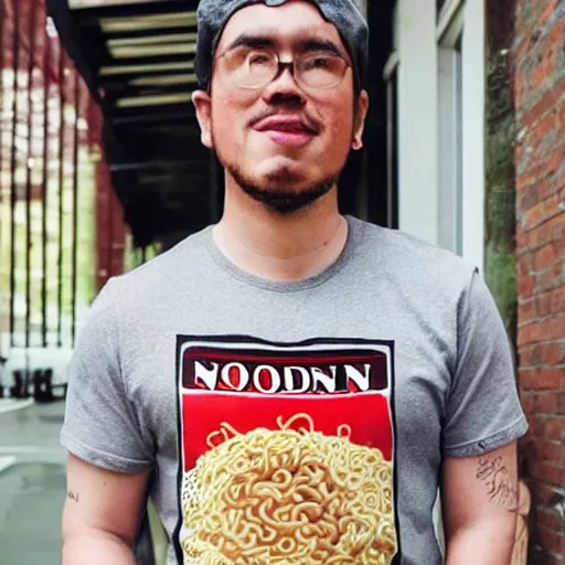 Image similar to a man wearing a funny tshirt with ramen noodles that says send noods