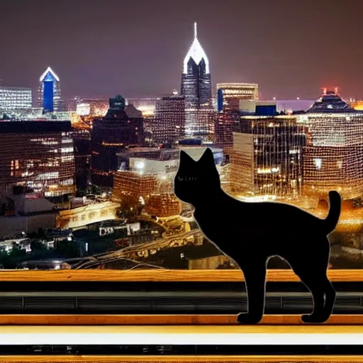 Image similar to photo of black photo of a Tuxedo Cat wearing a top hat, sitting on a rooftop at night time, Philadelphia skyline at night in the background