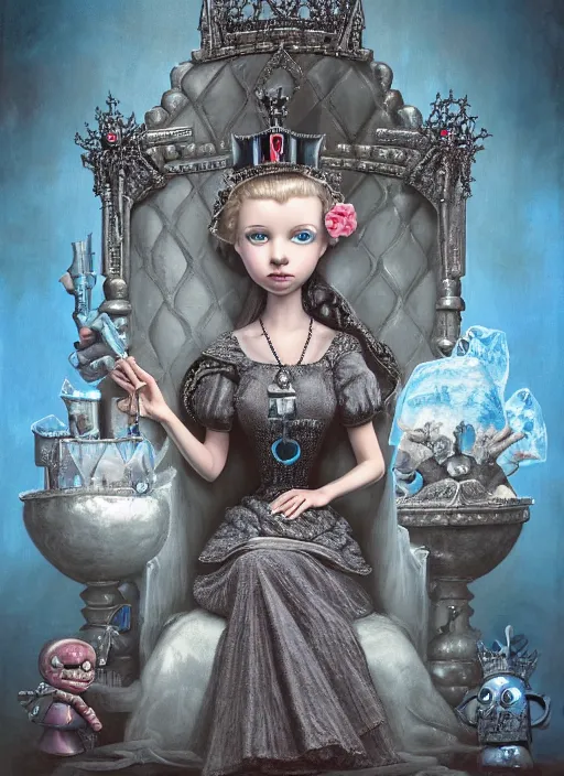Prompt: highly detailed closeup portrait of a gothic nurse princess wearing a crown and sitting on an ice throne surrounded by cute tin toy retro robots, nicoletta ceccoli, mark ryden, lostfish, earl nore, hyung tae, frank frazetta, global illumination, god rays, detailed and intricate environment