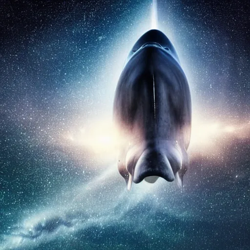 Prompt: close up portrait of space whale on a dark night sky in space, flying across the universe, oniric, dreamy, beautiful, highly detailed, realistic, cinematic, dynamic composition