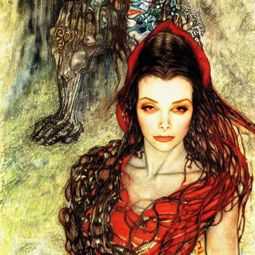 Image similar to head and shoulders portrait of a female elf sorcerer, royo, klimt, miro, vallejo, frazetta, giger, whealan