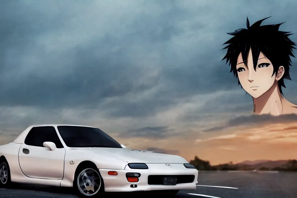 Prompt: aesthetic illustration of ryosuke takahashi with black hair, standing by his glossy white mazda rx 7 on an empty highway at dusk, cinematic lighting, initial d anime 1 0 8 0 p, detailed anime face, high detail, 9 0 s anime aesthetic, volumetric lights, rule of thirds, unreal engine 5 render, pinterest wallpaper, trending on artstation