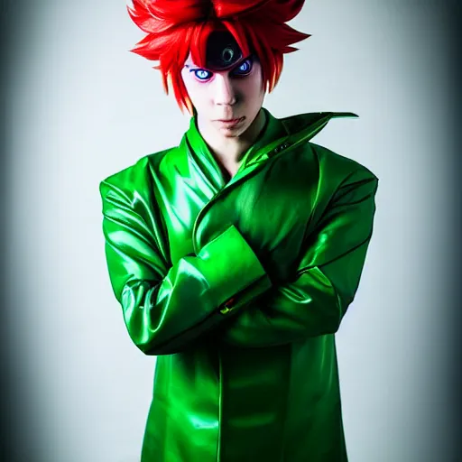 Prompt: cosplay of noriaki kakyoin from jojo's bizarre adventure, photograph, hd, 4 k