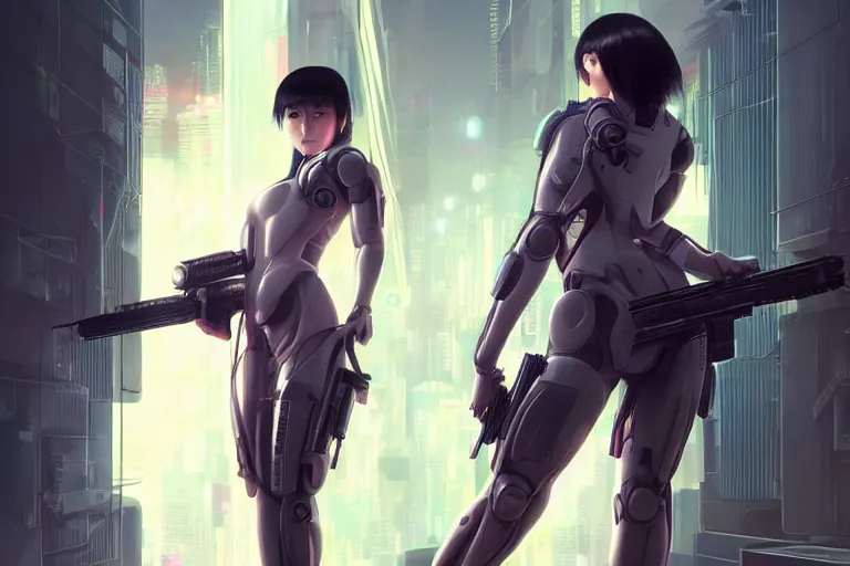 Prompt: young female japanese sniper holding a railgun sniper rifle, neon, cyberpunk, futuristic, full cybernetic combat suit, short bob haircut, stunning, highly detailed, digital painting, smooth, soft focus, illustration, ghost in the shell, 4 k digital art from artstation by artgerm and greg rutkowski and alphonse mucha