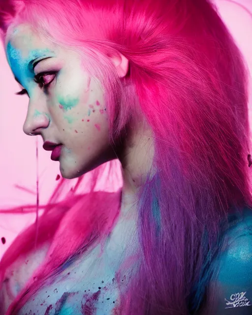 Image similar to a dramatic lighting photo of a beautiful young woman with cotton candy hair. blood splashes with a little bit of cyan and pink