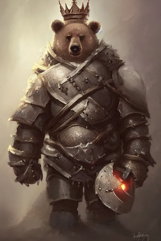 Image similar to cute little anthropomorphic bear knight wearing a cape and a crown, tiny, small, miniature bear, baby animal, short, pale blue armor, cute and adorable, pretty, beautiful, DnD character art portrait, matte fantasy painting, DeviantArt Artstation, by Jason Felix by Steve Argyle by Tyler Jacobson by Peter Mohrbacher, cinematic lighting