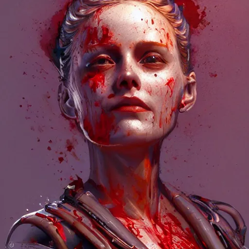 Prompt: A beautiful detailed painting of Dolores Abernathy bathing in blood, robot revolution, apocalypse, Westworld, highly detailed, digital painting, artstation, cgscoiety, cinematic, intricate, smooth, sharp focus, illustration, Unreal Engine 5, concept art, 8K, art by Esao Andrews.