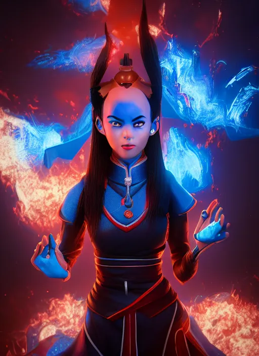 Image similar to azula from avatar the last airbender posing, blue flames, dark atmosphere, cinematic shot, intricate, ornate, photorealistic, ultra detailed, realistic, 1 0 0 mm, photography, octane, high definition, depth of field, realism, 8 k, artstation