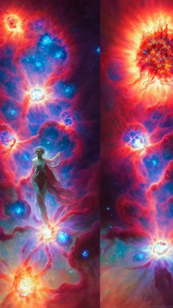 Image similar to psychedelic transcendent puffs! of smoke explosion, space, supernova, nebulae, pillars of creation, enlightenment, high contrast lighting, highly detailed, concept art, art by collier, albert aublet, krenz cushart, artem demura, alphonse mucha