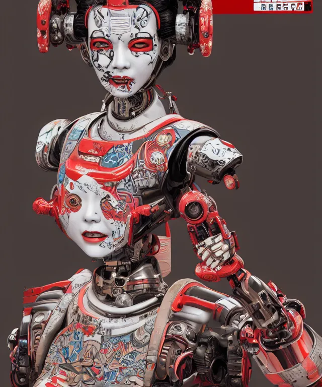 Image similar to an epic fantastic realism comic book style portrait painting of a japanese robotic geisha with kanji tattoos and decals, apex legends, octane render, intricate detail, 4 k hd, unreal engine 5