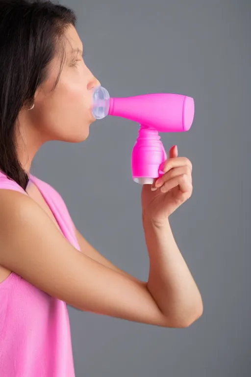 Image similar to Woman Breathing Through a Pink Vapor Inhaler, side view