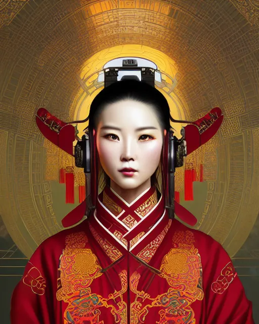 Image similar to portrait of a chinese cyberpunk machine, machine face, robed, upper half portrait, decorated with chinese opera motifs, regal, asian, fine china, wuxia, traditional chinese art intricate intense elegant 京 剧 highly detailed digital painting artstation concept art smooth sharp focus illustration, art by artgerm and greg rutkowski alphonse mucha 8 k