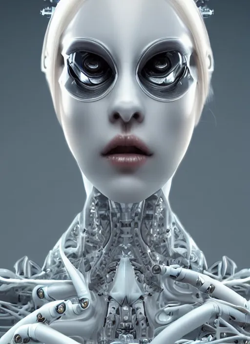 Prompt: a white cast futuristic biomechanical humanoid woman with pretty face, porcelain skin, ornate headpiece, futuristic digital painting, cyberpunk, 8 k,