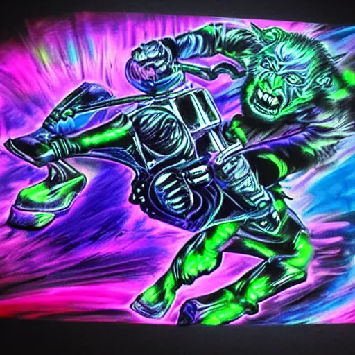 Image similar to psychedelic blacklight airbrush artwork of an orc riding a motorcycle, airbrushed on a black background