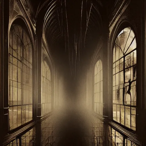 Image similar to a long hallway of mirrors. victorian interior, with many mirrors, spiders and spiderwebs everywhere, elegant design, haunting atmosphere, dark lighting, gothic, horror style, scary, swirling fog, volumetric lighting, by greg rutkowski, realistic, dutch angle,