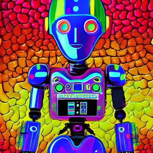 Image similar to a dramatically lit brightly colored detailed painting of a robot with flowers growing out of its head with a rainbow background, digital art