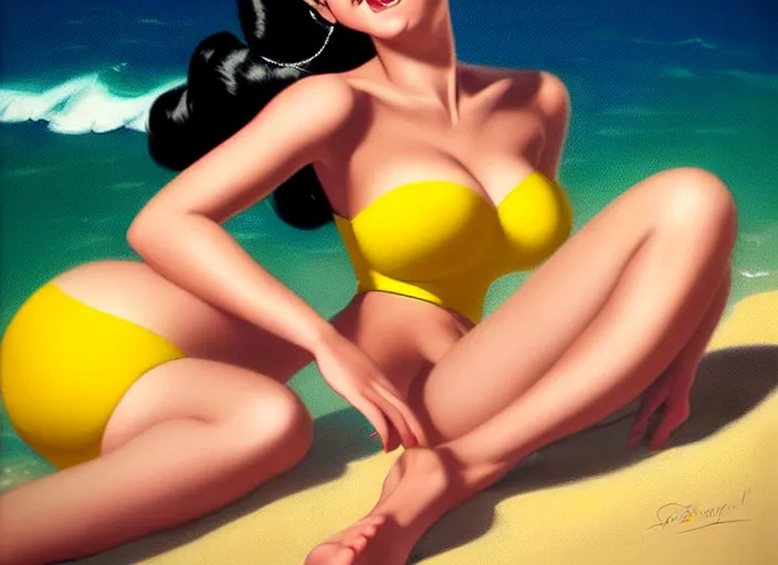 Image similar to the style of the artist gil elvgren, a girl with black hair, overwatch tracer, with a very beautiful symmetrical face, a smile on her face, tanned skin, in a yellow bikini, against the background of a sea beach, in art style, high detail, digital painting, hyperrealism