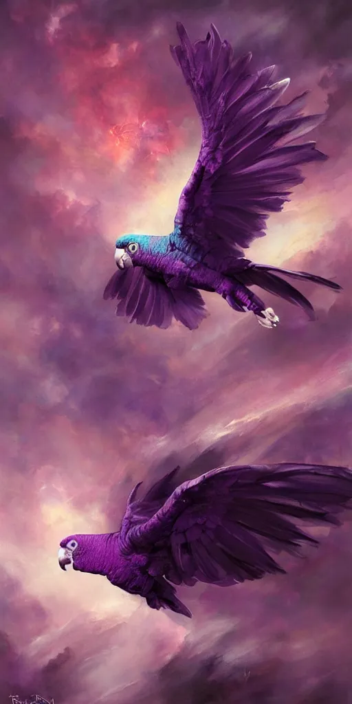 Prompt: a painting of a purple parrot flying through the sky, poster art by raymond swanland, deviantart, fantasy art, christian, deviantart, mystical