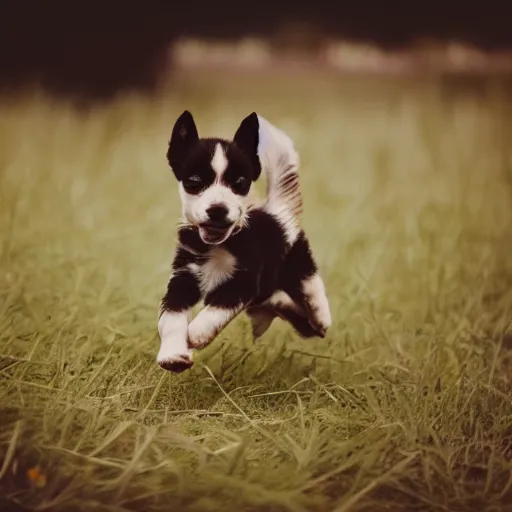 Prompt: hazy Polaroid photo of a little puppy running through high grass at dawn