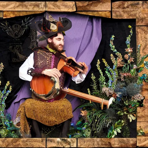 Image similar to a fancy rat man fantasy dnd bard performing on a stage playing lute, fine digital art, extreme detail, highly complex, very intricate, volumetric bushes