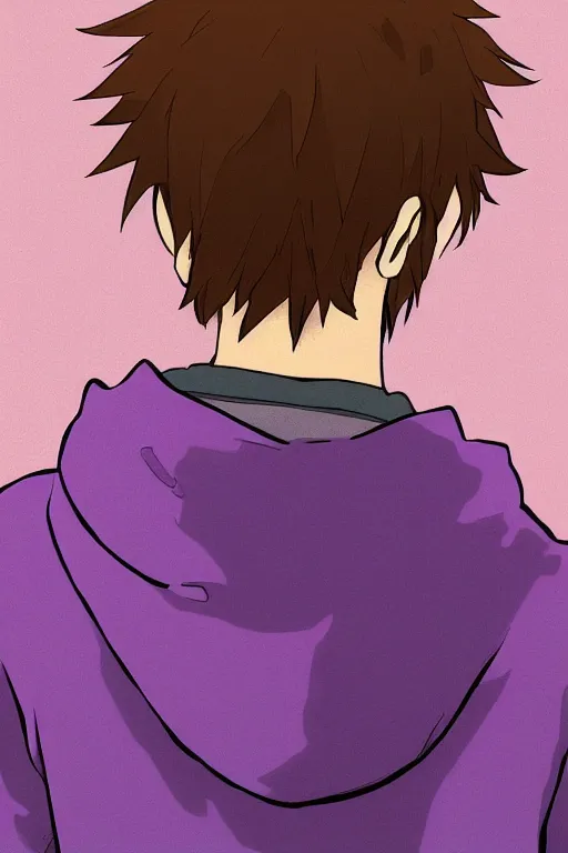 Prompt: young man in a purple hoodie, back view, messy short brown hair, colourful, 8 k, anime, ghibli style, graphic novel, digital art trending on artstation