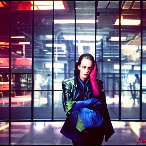 Prompt: portrait photography of rachael tyrell at tyrell headquarters by annie leibovitz, cyberpunk, colorful!, nighttime!, raining!