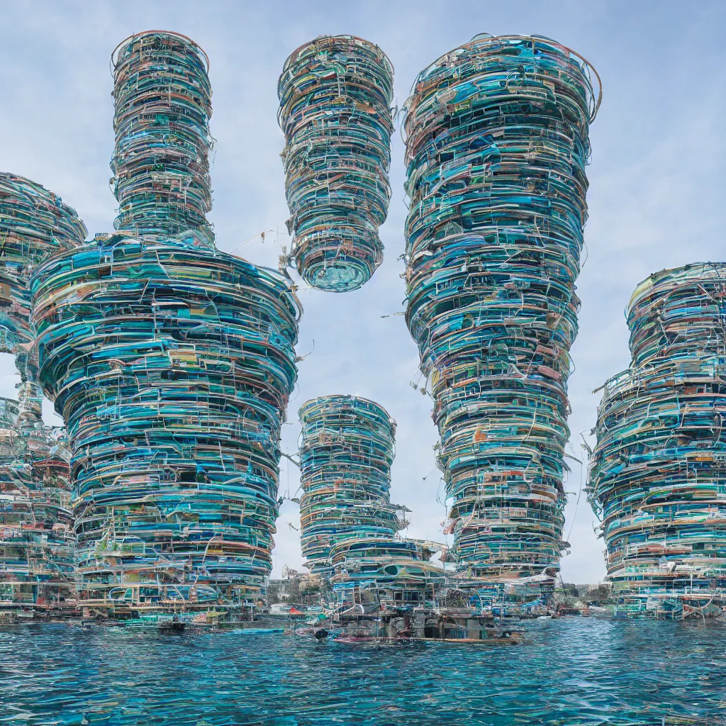 Prompt: a circular tower, made up of colourful makeshift squatter shacks suspended over water, dystopia, sony a 7 r 3, f 1 1, fully frontal view, ultra detailed, photographed by zaha hadid,