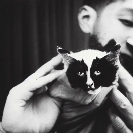 Image similar to 15mm wide-angle lens photo of a rapper in 1990 New York holding a kitten up to the camera