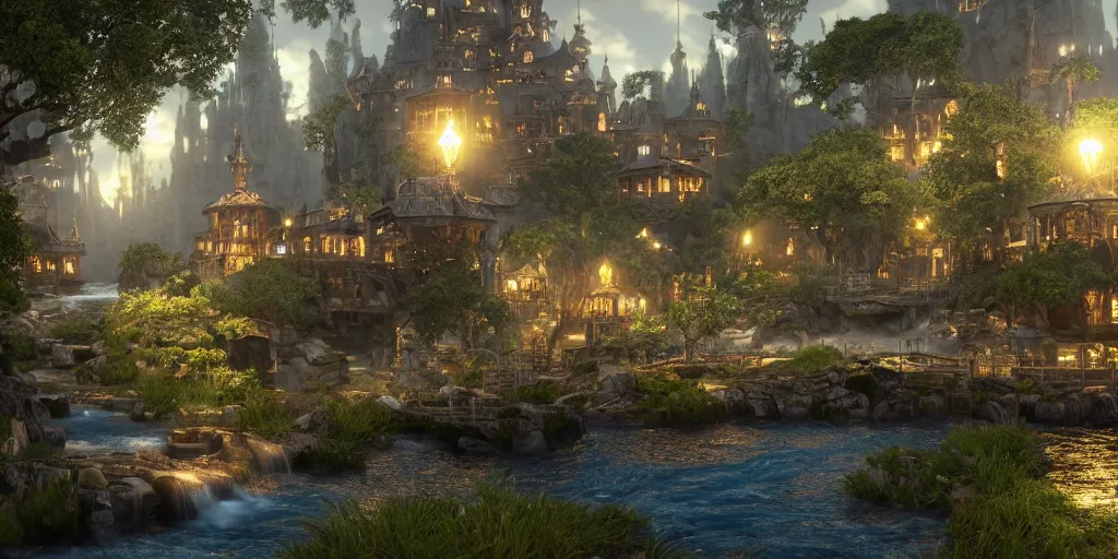 Image similar to beautiful and immersive magical town, magical buildings, bioluminescent forest surrounding, gentle rivers flowing through town, award - winning cinematography - cinematic lighting, dramatic lighting, stunning and beautiful view - unbelievably amazing - highly detailed, hyperrealistic, unreal engine 5, in the style of kingdom hearts and final fantasy