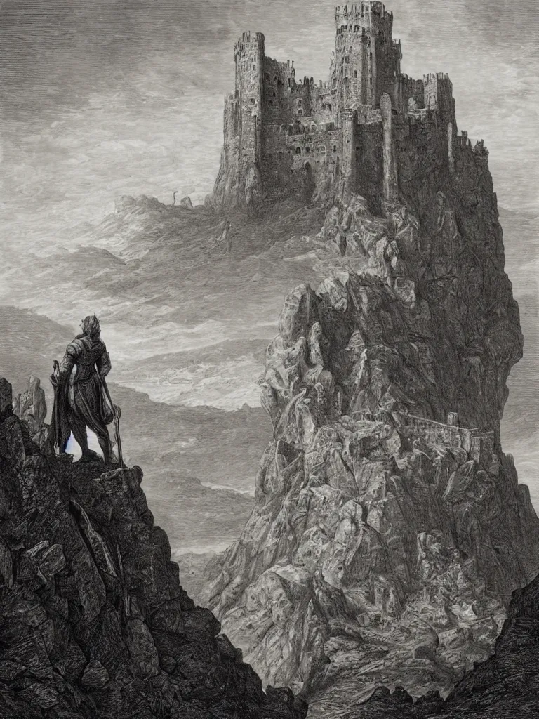 Prompt: an engraving of king arthur standing on a rocky outcropping with castle camelot in the background by gustave dore, caspar david friedrich, ian miller, highly detailed, strong shadows, depth, lithograph engraving