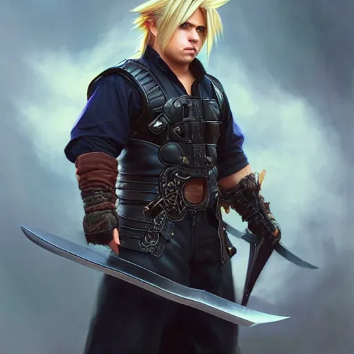 Image similar to Danny DeVito as Cloud Strife, western, D&D, fantasy, intricate, elegant, highly detailed, digital painting, artstation, concept art, matte, sharp focus, illustration, art by Artgerm and Greg Rutkowski and Alphonse Mucha