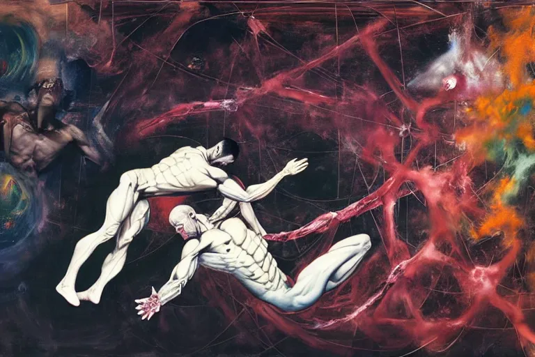 Image similar to two muscular men entwined, floating in space, zero gravity, inside a brutalist space ship, gothic, rich deep colours, painted by francis bacon, adrian ghenie, james jean and petra cortright, part by gerhard richter, part by takato yamamoto. 8 k masterpiece