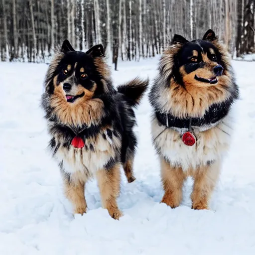 Prompt: two Happy Finnish lapphunds playing in snow