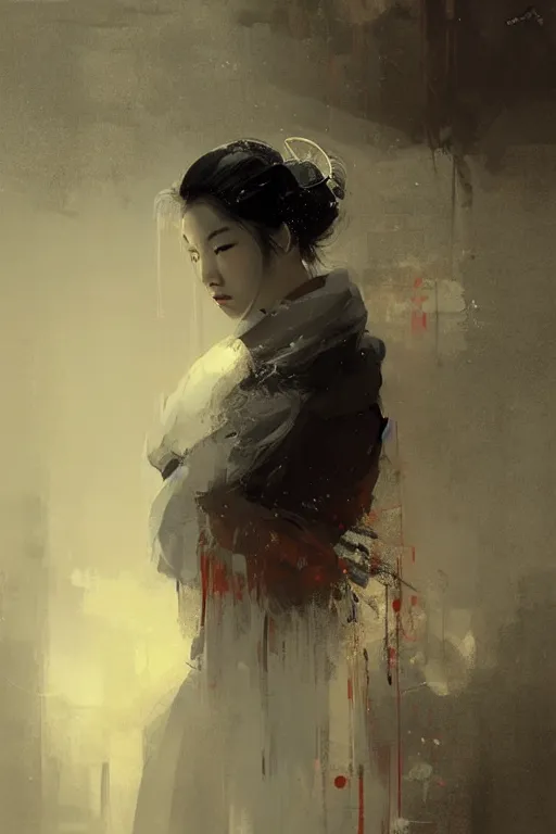 Image similar to female geisha girl, beautiful face, rule of thirds, intricate outfit, spotlight, by greg rutkowski, by jeremy mann, digital painting