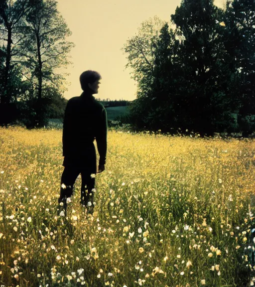 Image similar to tall shadow person standing in beautiful meadow of flowers, film photo, grainy, high detail, high resolution