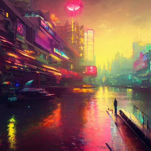 Prompt: A beautiful painting of a cyberpunk mangue, colorful river, neon lights sky across a tumultuous jungle by greg rutkowski and thomas kinkade, Trending on artstation, unreal engine