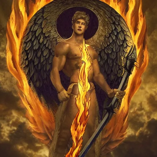 Prompt: strong, masculine angel holding a flaming sword in the sky