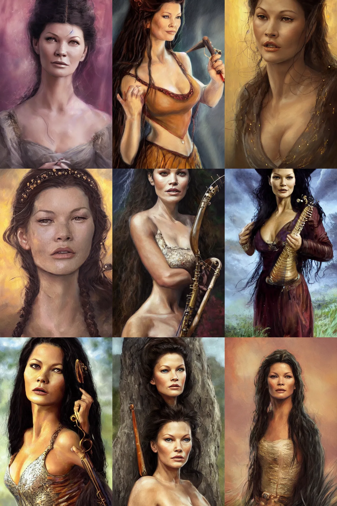 Image similar to a full body high detail fantasy portrait oil painting illustration of young catherine zeta - jones as a beautiful sophisticated singing bard woman by justin sweet with face and body clearly visible, in a scenic background, pupils visible, realistic proportions, d & d, rpg, forgotten realms, artstation trending, high quality, sombre mood, artstation trending, muted colours, entire person visible!