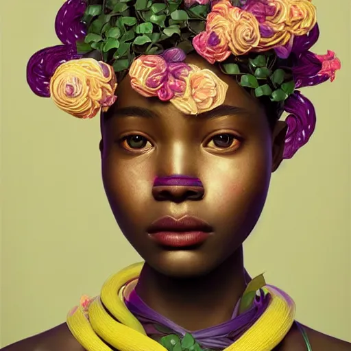 Image similar to colourful vfx art - portrait of nigerian girl wrapped in flowers & vines, art by hsiao - ron cheng & james jean, volumetric light, ray tracing, sharp, detailed, digital painting, illustration, highly detailed, intricate detail, unreal engine, octane render, pinterest, behance, art station,