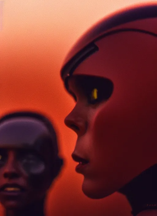 Image similar to cinestill 5 0 d candid photographic portrait by steve mccurry of loving female androids wearing rugged black mesh techwear on a desolate plain with a red sky, extreme closeup, modern cyberpunk, dust storm, 8 k, hd, high resolution, 3 5 mm, f / 3 2, ultra realistic faces, ex machina