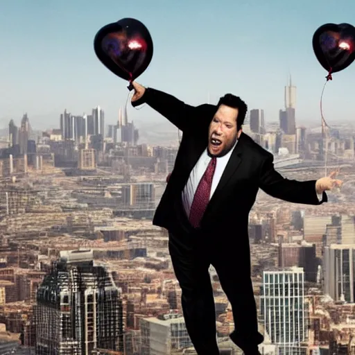 Image similar to clean-shaven Jon Favreau as Happy Hogan wearing a black suit and black necktie holding onto a bunch of helium balloons as he floats high above a city with a frightened expression on his face