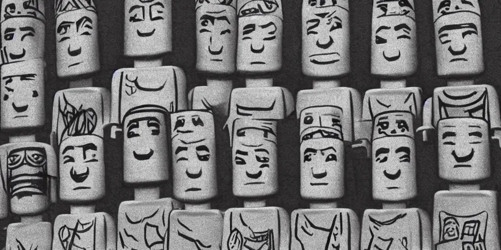 Prompt: charcoal drawing of lego minifigures as easter island heads